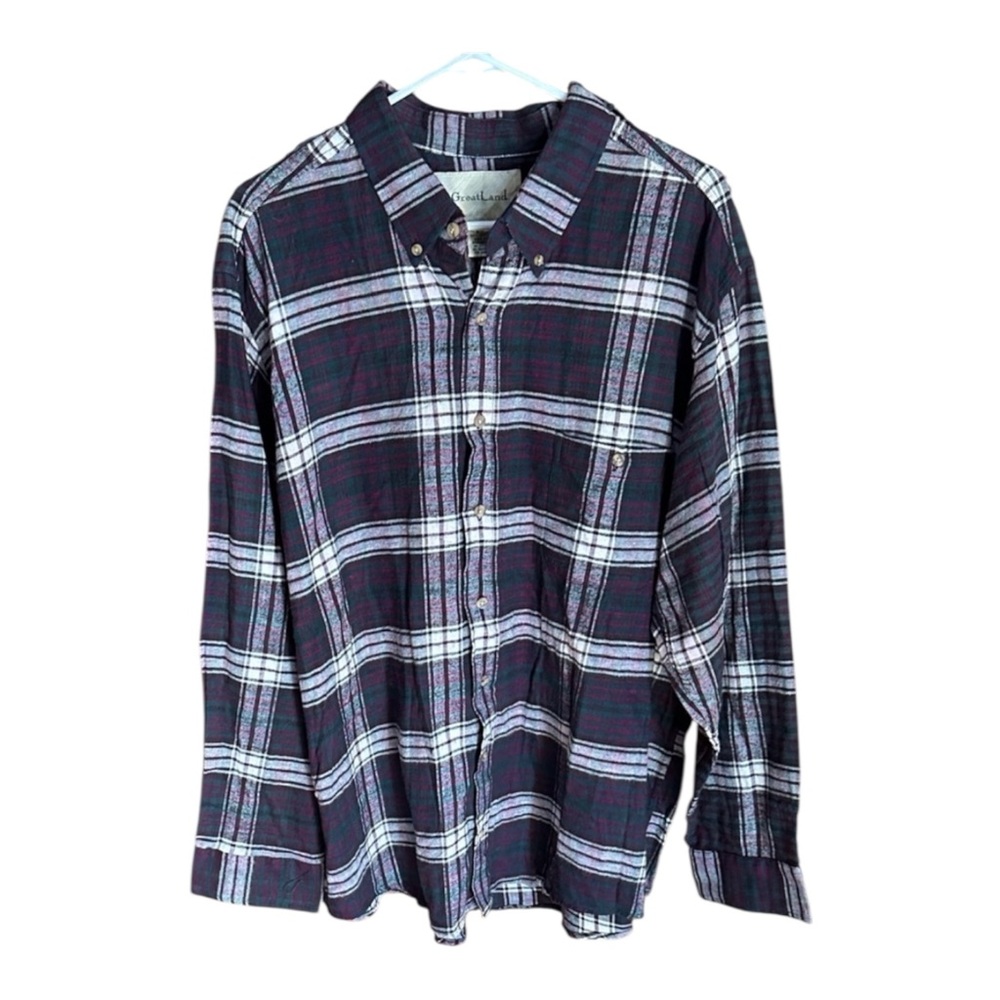 GreatLand Plaid Button-Down Flannel Shirt. Green w/ Red & White Stripes
